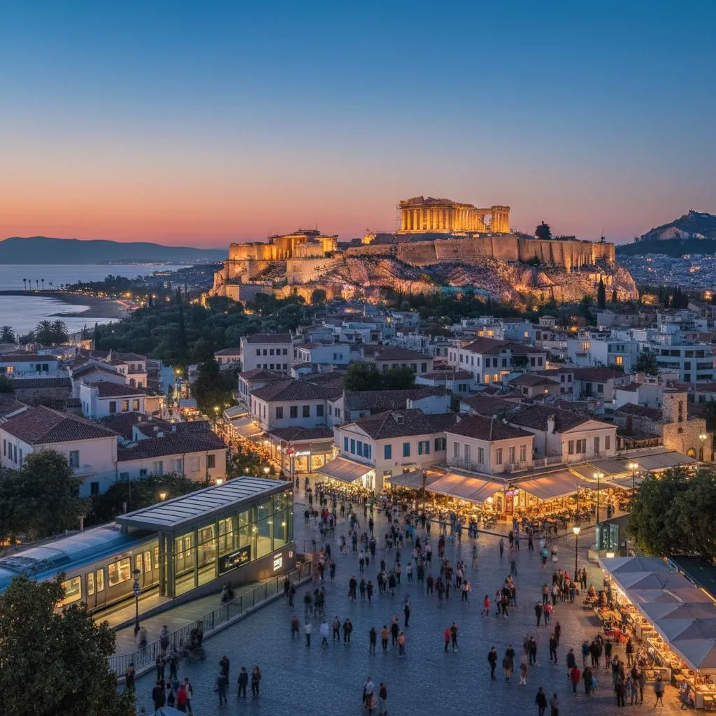 A scenic evening view of Athens, Greece, with the illuminated Acropolis and Parthenon overlooking the city and lively streets filled with people and restaurants.