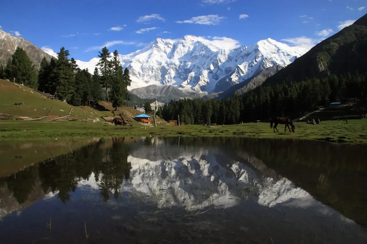 Breathtaking view of Fairy Meadow in Pakistan, with towering mountains and lush green meadows under a clear sky