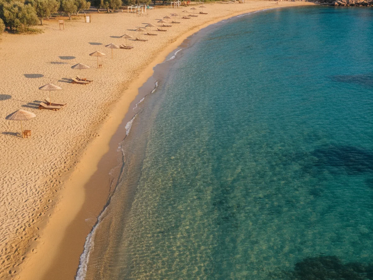 A Mediterranean beach in shoulder season with golden sand, calm clear turquoise water and warm low-crowd sunshine