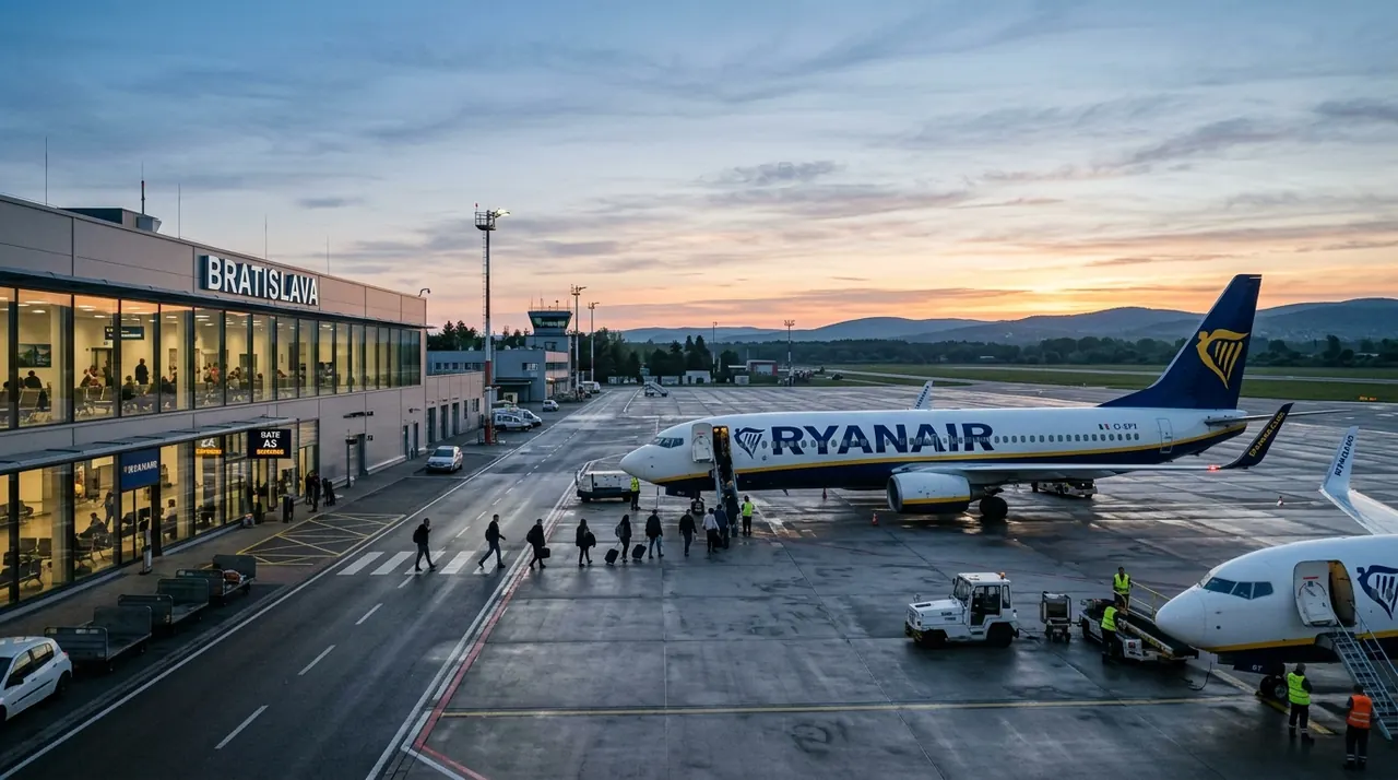 A compact European regional airport terminal at dawn with a low-cost carrier on the tarmac