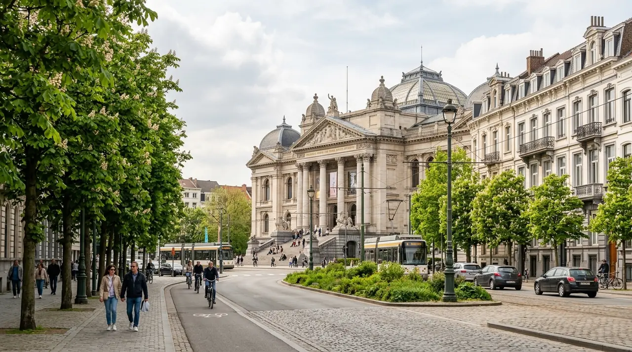 Het Zuid neighbourhood in Antwerp: tree-lined Leien boulevards and the Royal Museum of Fine Arts (KMSKA) neo-classical facade