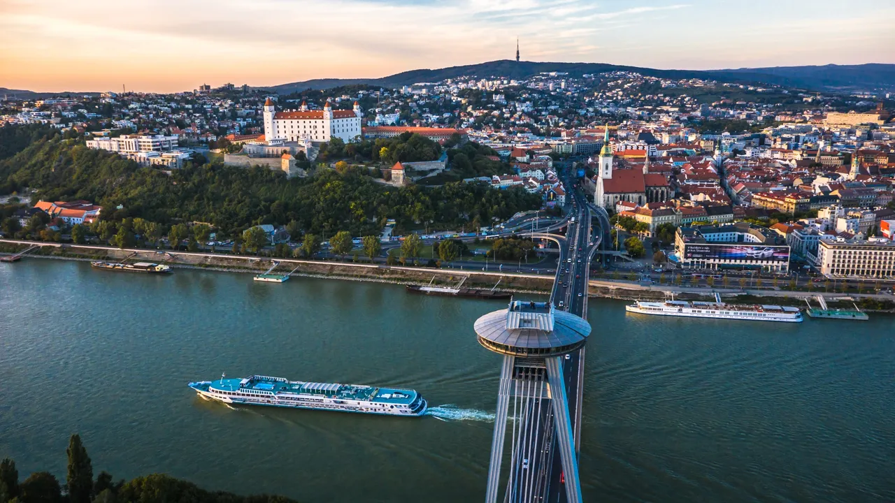 Aerial view of the Danube and Bratislava Castle