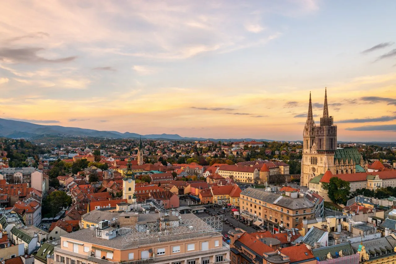 The beautiful church with the old buildings in small town in Zagreb city of Croatia.