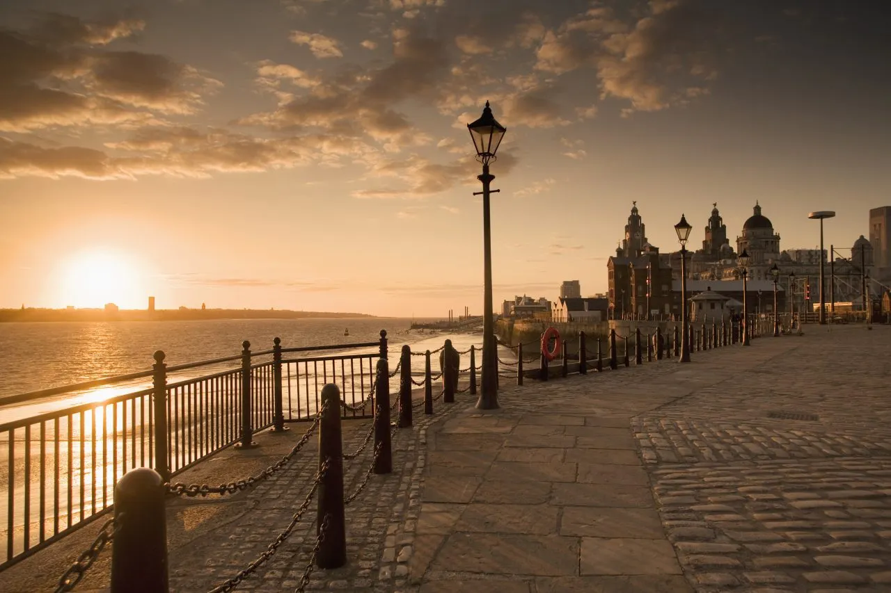 Albert Dock at Sunset in Liverpool, bridge, river