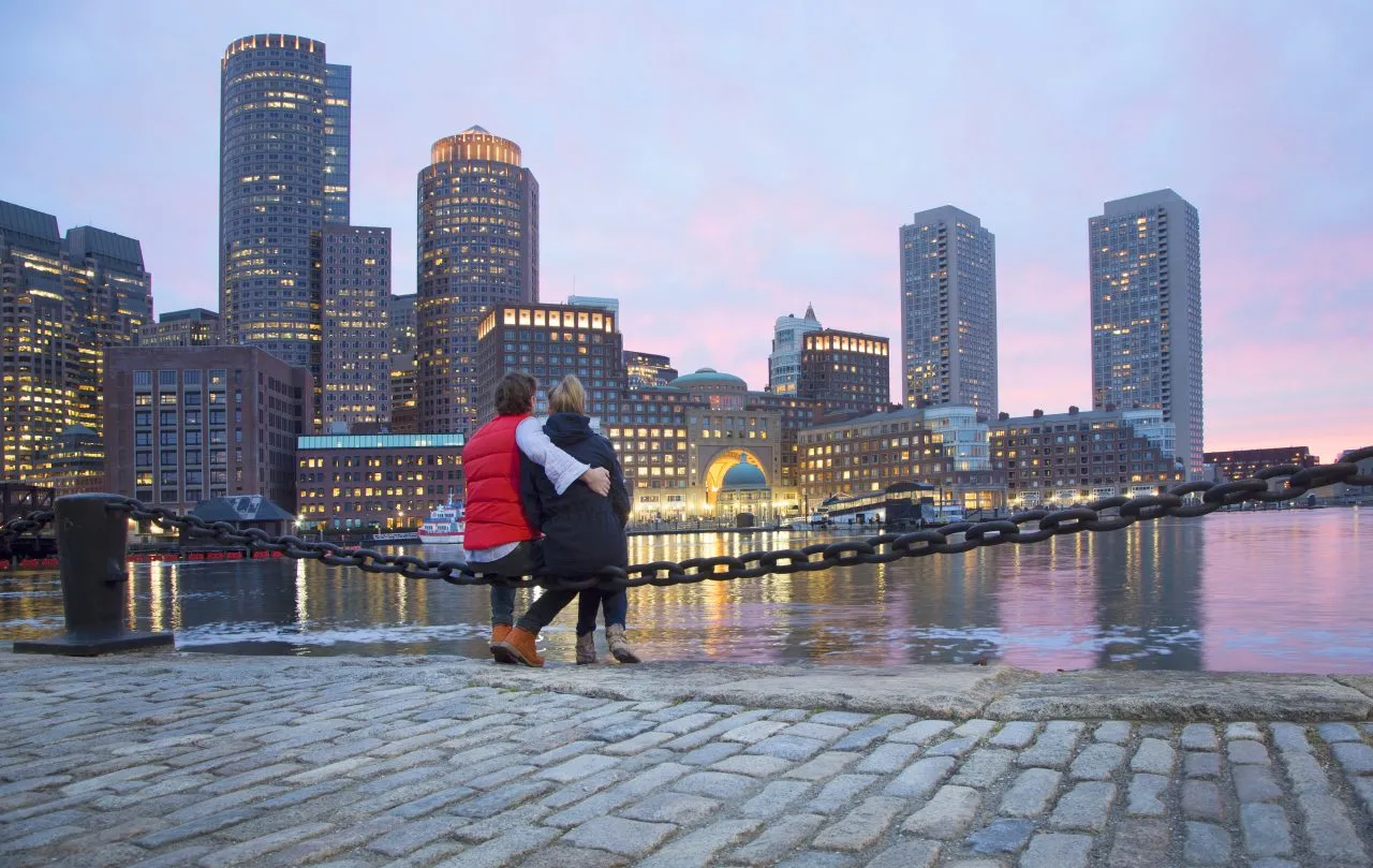 Couple near harbour, Boston, U.S.A.