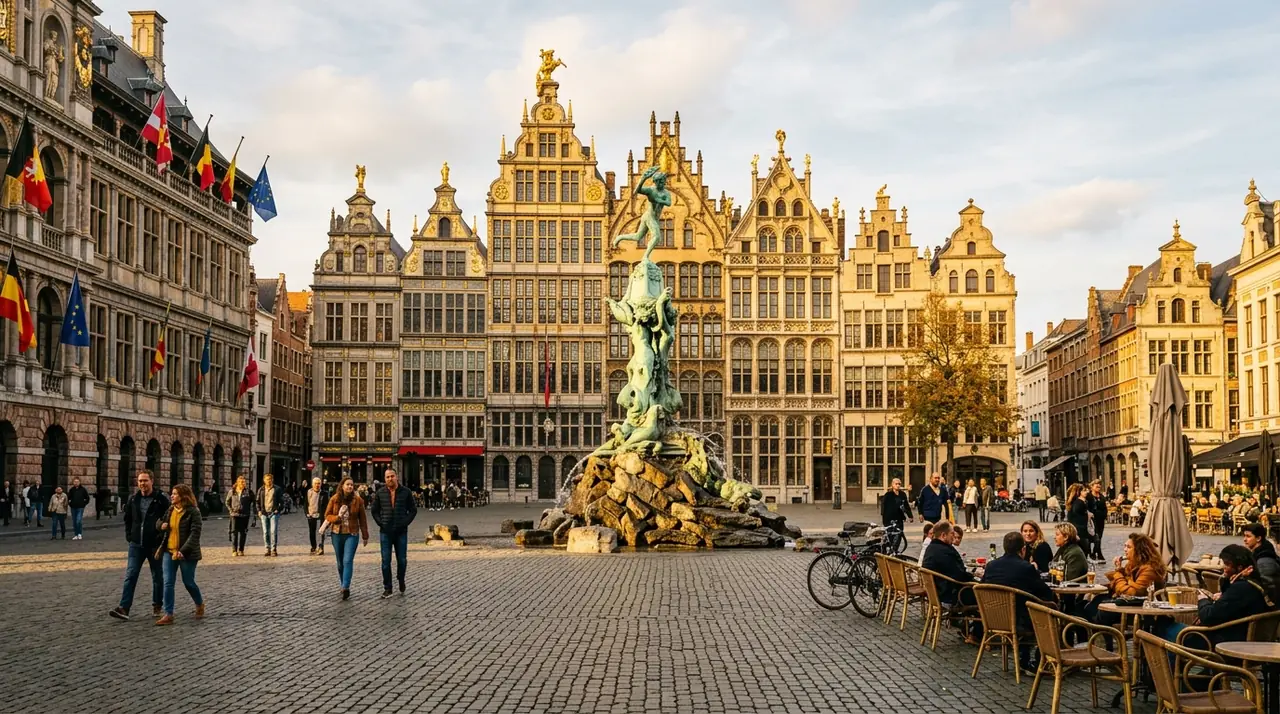 Antwerp’s Grote Markt: medieval guild houses with golden facades, the Brabo Fountain, and café terraces on cobblestone