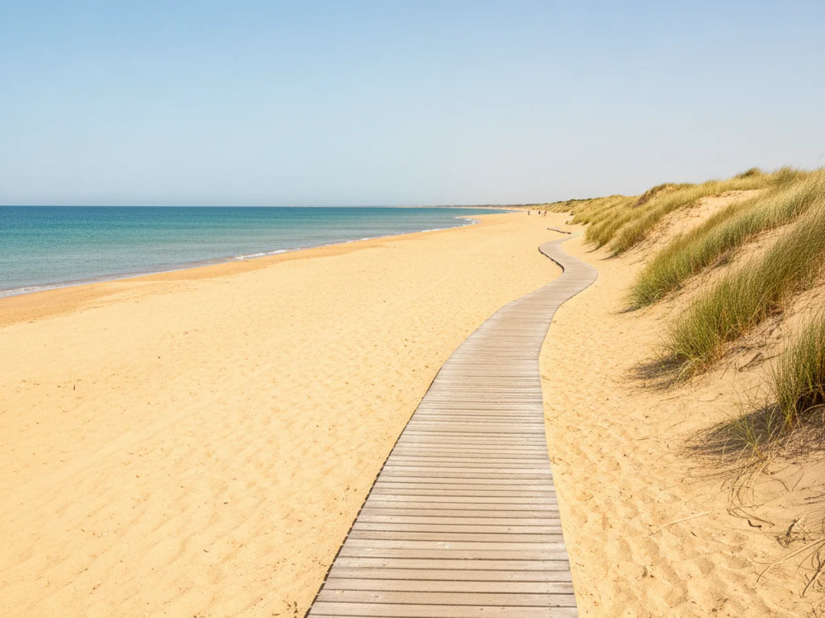 The wide golden sandbar beach of Ilha de Faro with calm turquoise water and gentle dunes under a bright blue sky