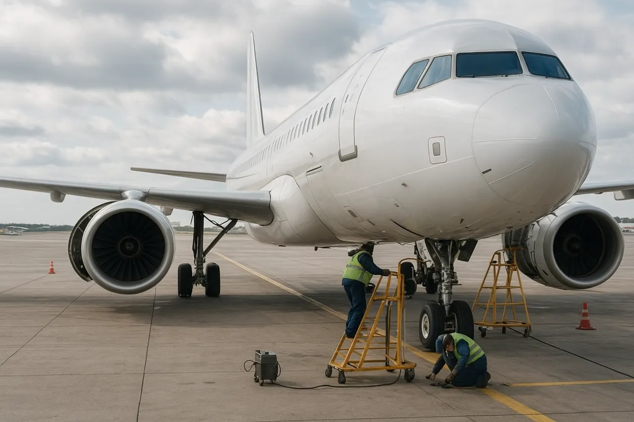 A large white commercial airplane sits on the tarmac while two mechanics in safety vests work on its landing gear and engine using mobile platforms and tools.
