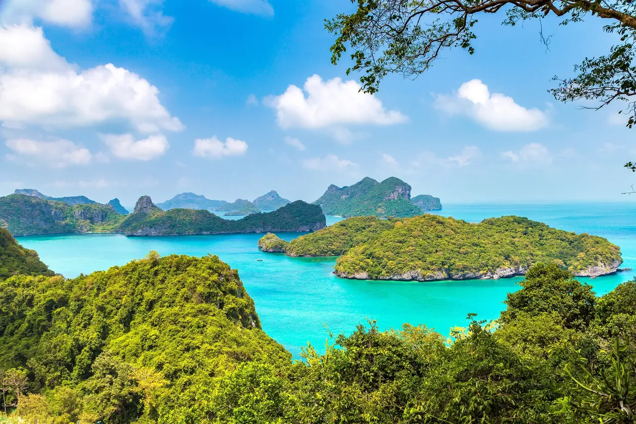 Panoramic aerial view of Mu Ko Ang Thong National Park, Thailand in a summer day