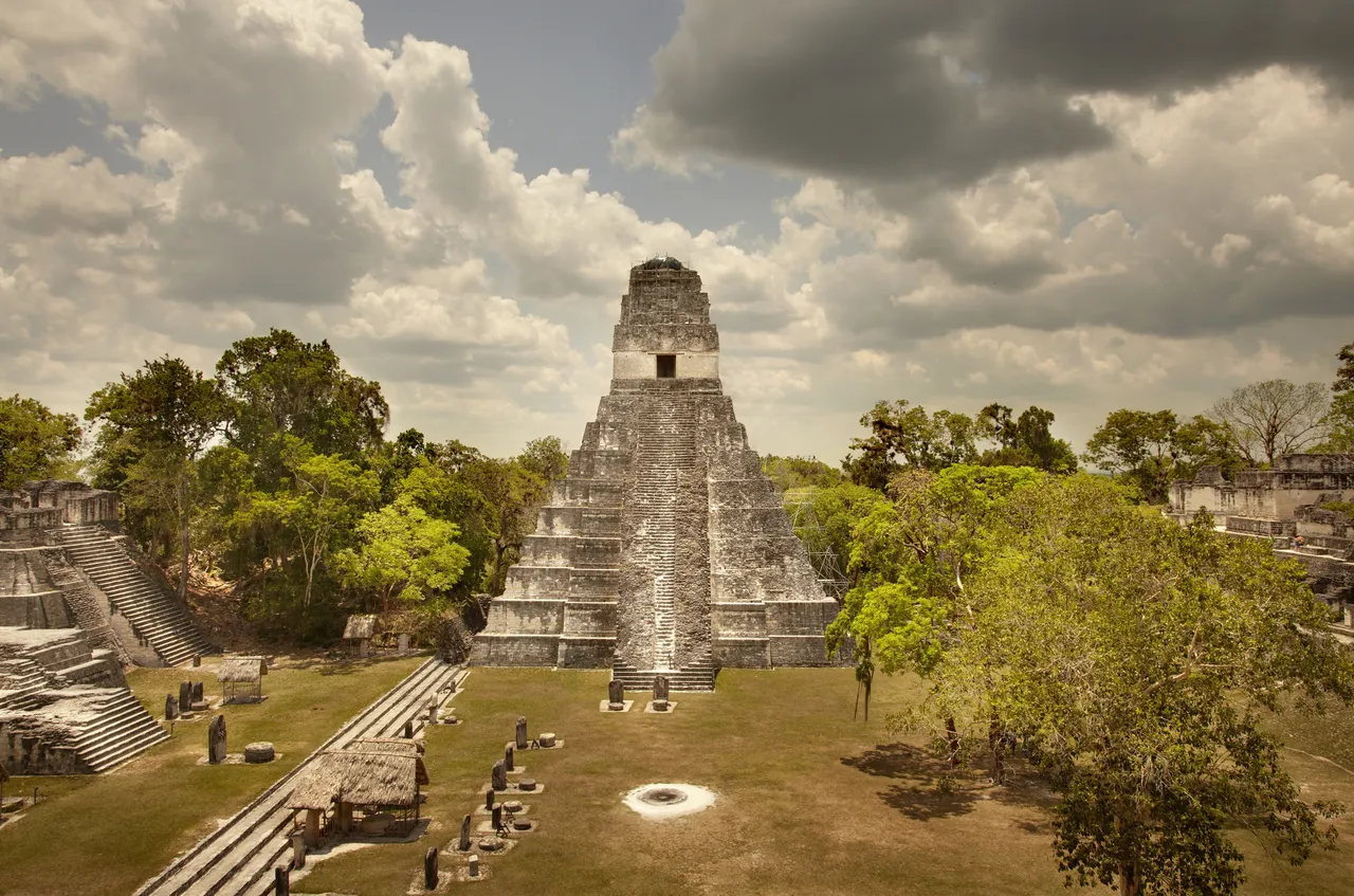 Temple One shot from Temple 2 at Tikal Mayan Ruins in Guatemala.