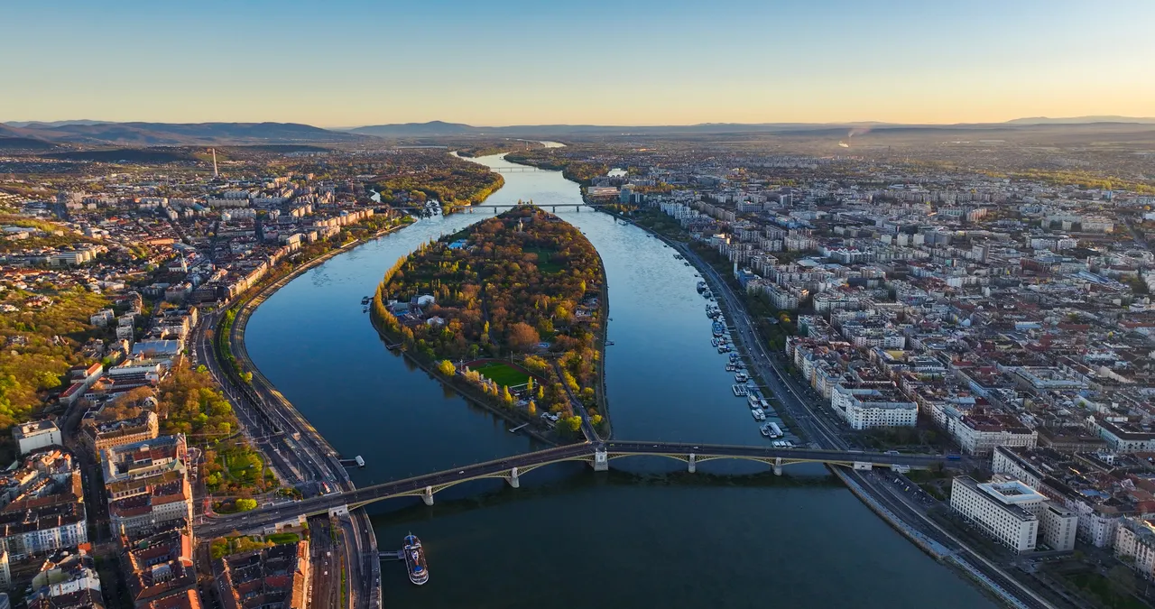 Aerial view of Margaret Island and Danube River in Budapest, aerial view of Margaret Island (Margitsziget) and its bridge in Budapest