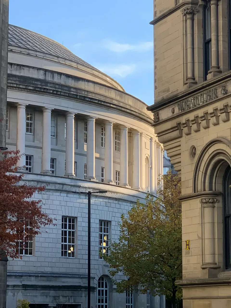 Scenic view of Manchester in the fall with colorful autumn leaves and historic buildings