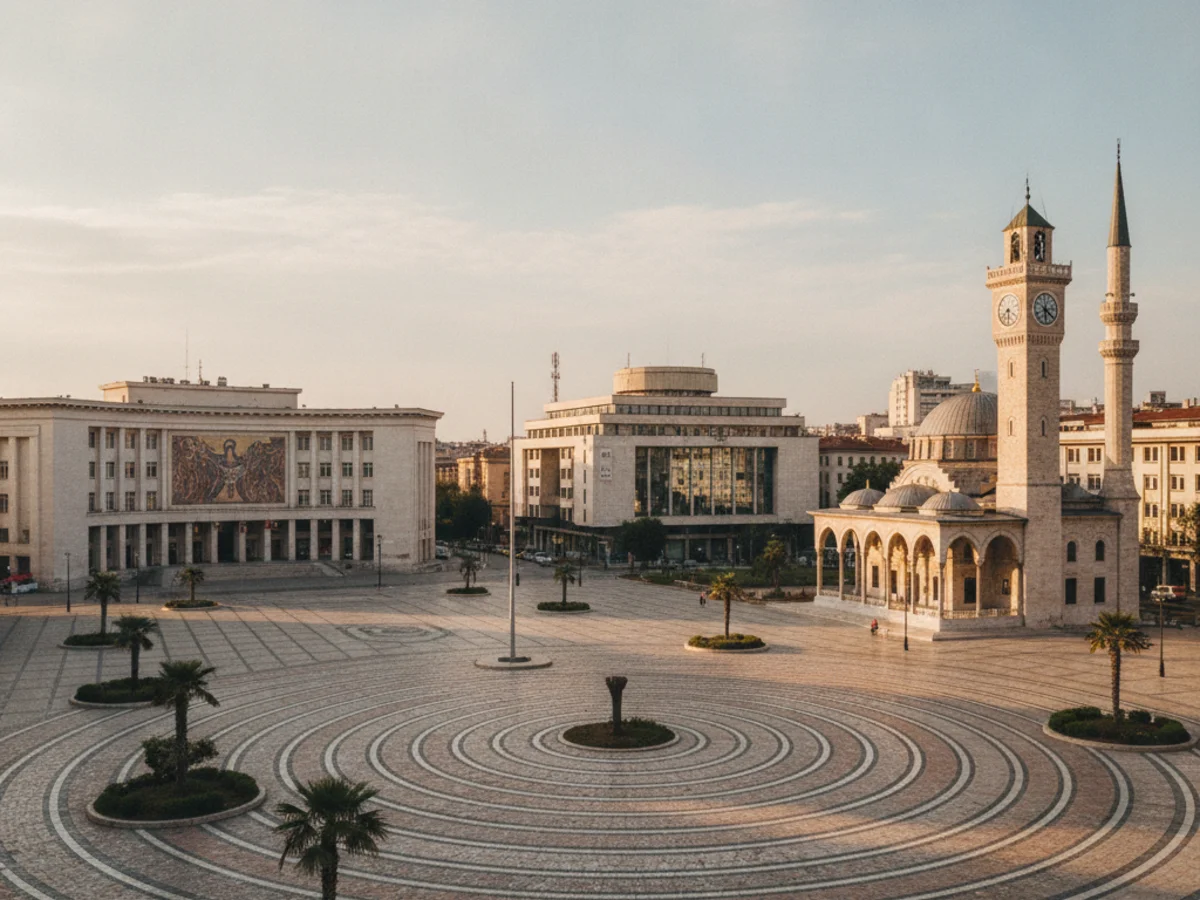 The vast open pedestrian plaza of Skanderbeg Square in Tirana with the clock tower and mosque in warm daylight
