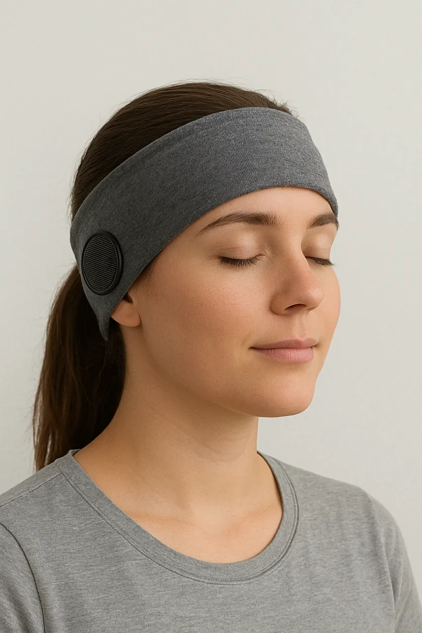 A young woman with closed eyes wears a soft gray sleep headband with built-in speakers, resting peacefully against a plain neutral background.