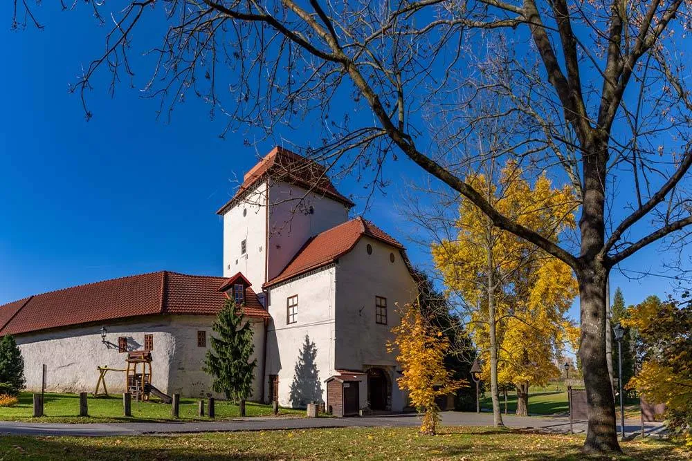 Autumnal trees in the foreground of the Silesian Ostrava Castle