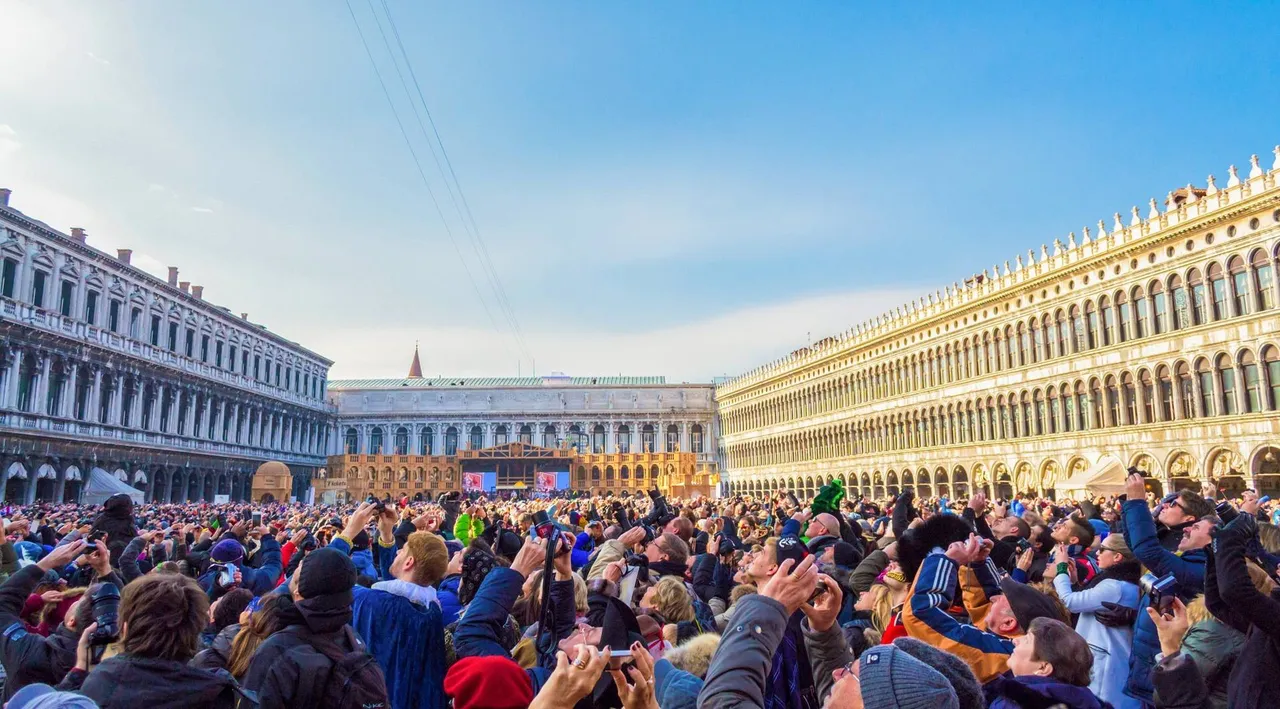 A crowd in St. Mark’s Square during the Flight of the Angel, a spectacular Venice Carnival tradition