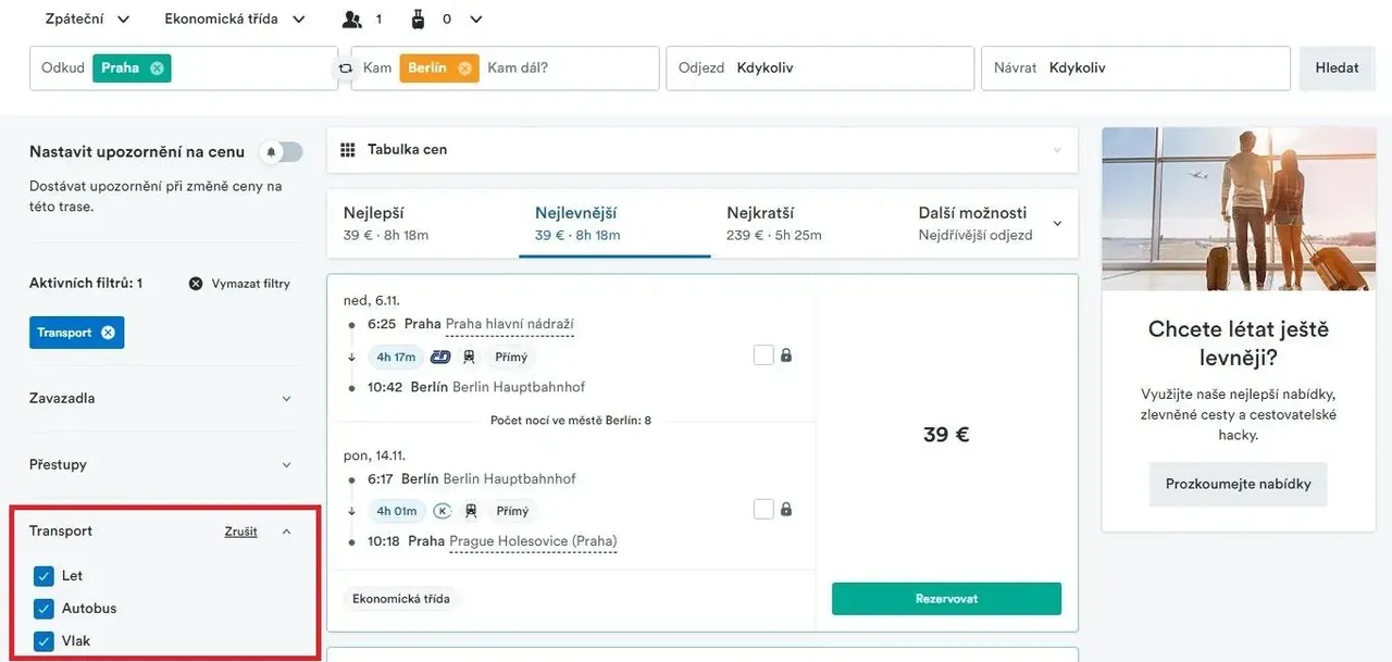 Kiwi.com search results page with multimodal travel filter on and highlighed