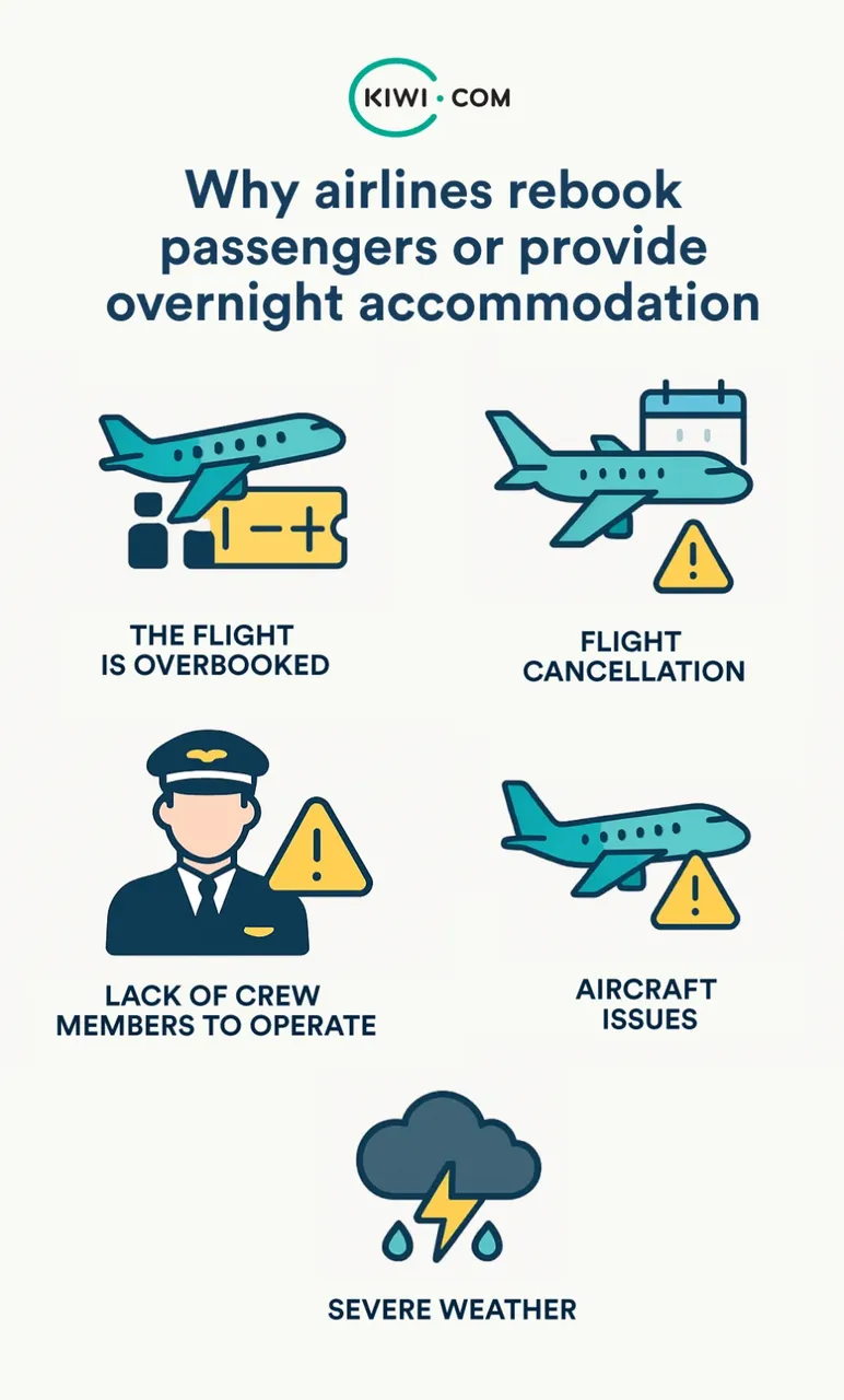 Infographic showing five reasons airlines rebook passengers or offer overnight accommodation, including overbooked flights, flight cancellations, lack of crew, aircraft issues, and severe weather, each represented with simple airplane and warning-icon illustrations.