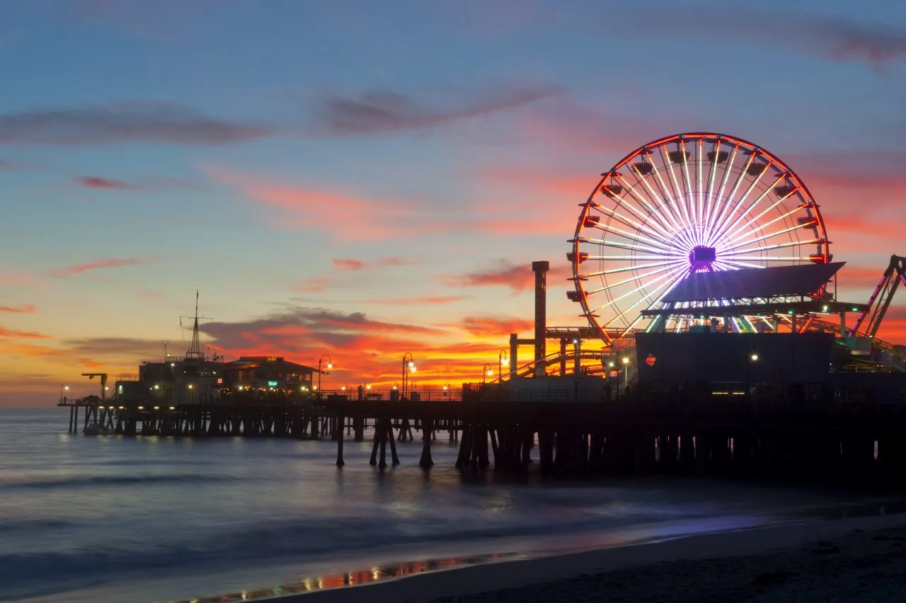 Amusement park on waterfront at night, California, Santa Monica