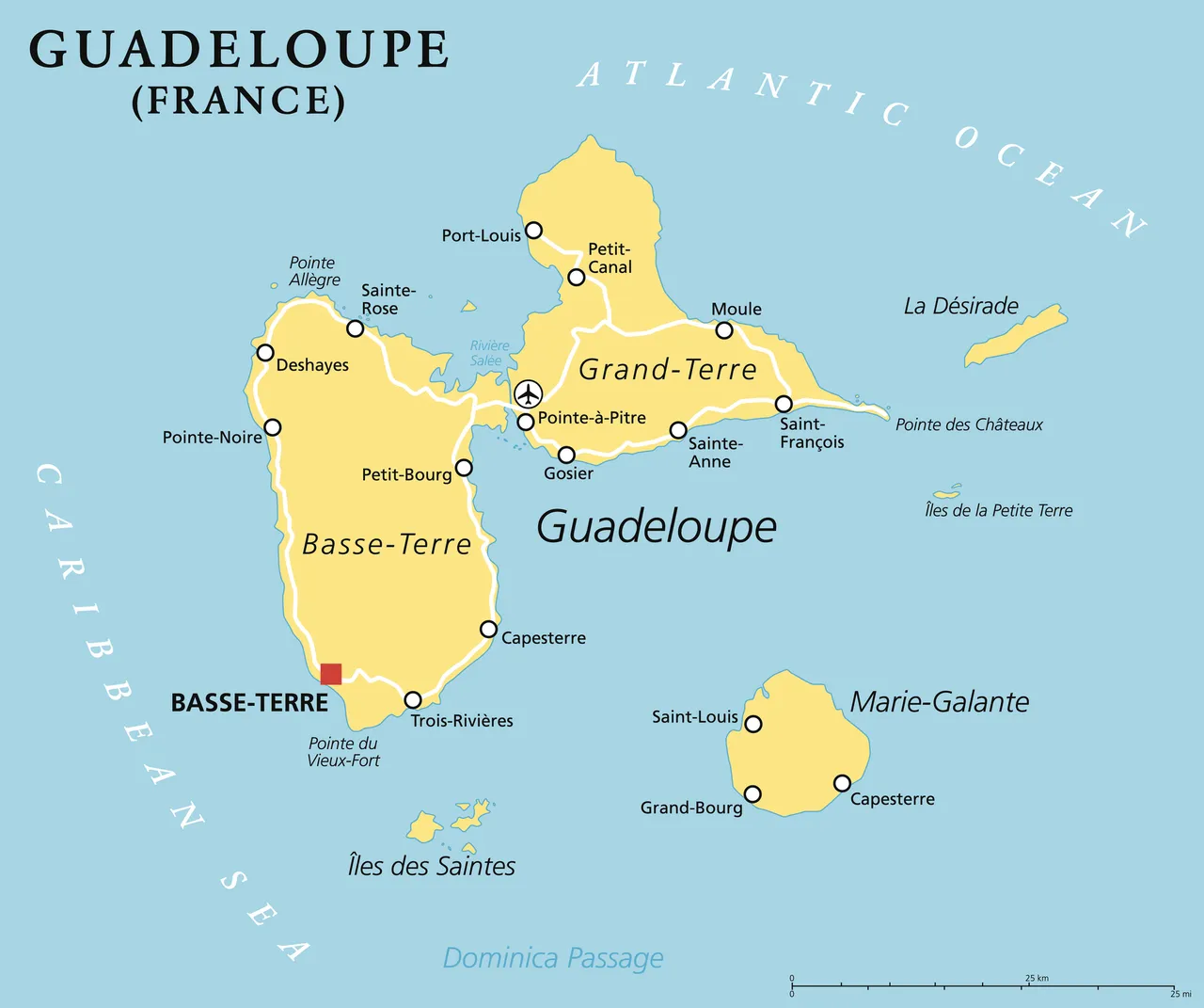 Guadeloupe Political Map with capital Basse-Terre, an overseas region of France, located in the Leeward Islands, part of the Lesser Antilles in the Caribbean