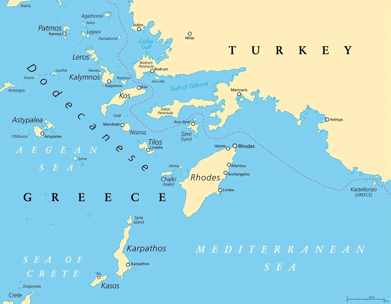 Dodecanese, political map. Group of Greek islands in the southeastern Aegean Sea and Eastern Mediterranean, off the coast of Turkey.