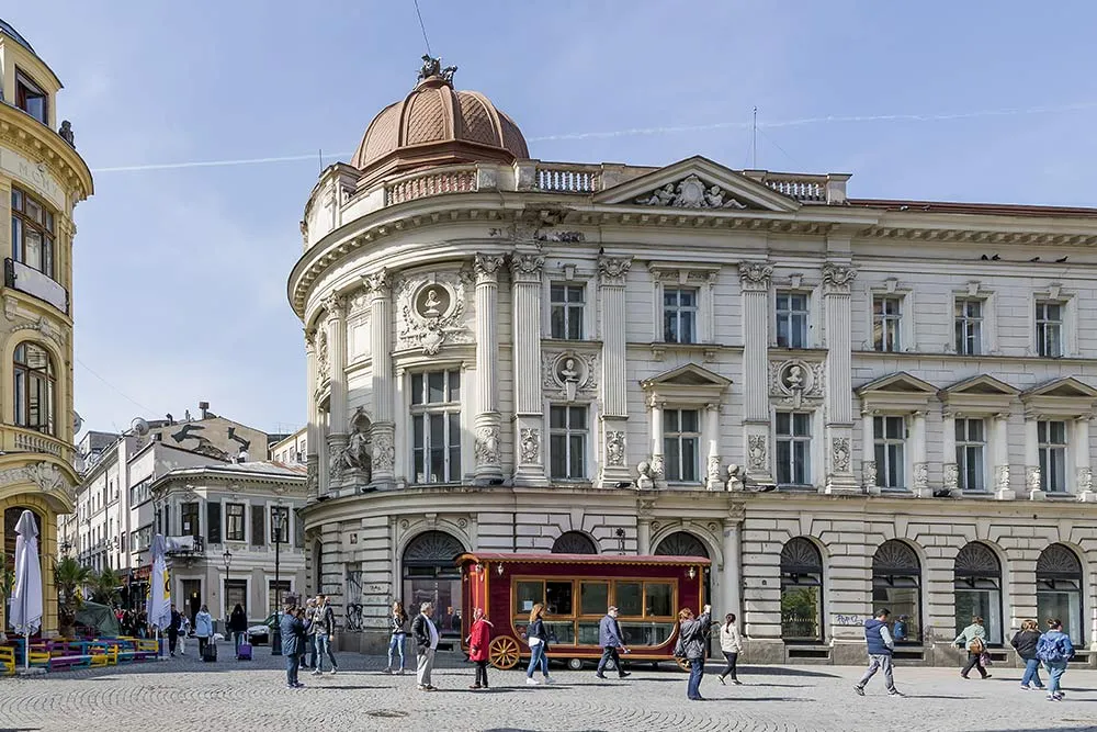 The intersection of roads between Strada Smardan and Strada Lipscani in the historic center of Bucharest, Romania