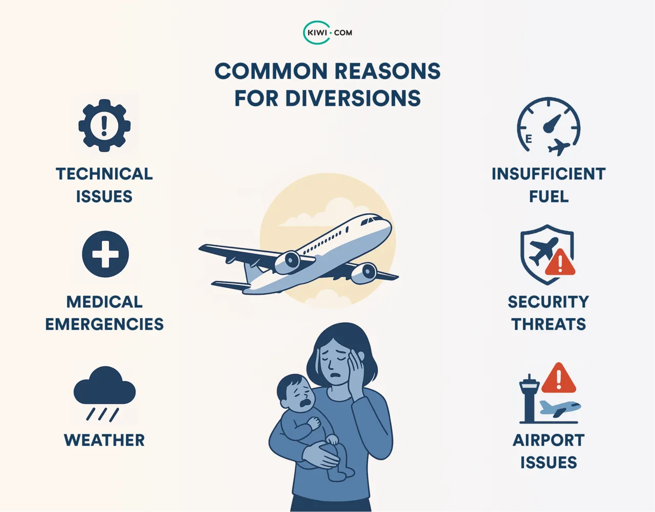Infographic showing common reasons for flight diversions, including technical issues, medical emergencies, weather, insufficient fuel, security threats, and airport issues, with illustrations of an airplane and a worried passenger holding a baby.
