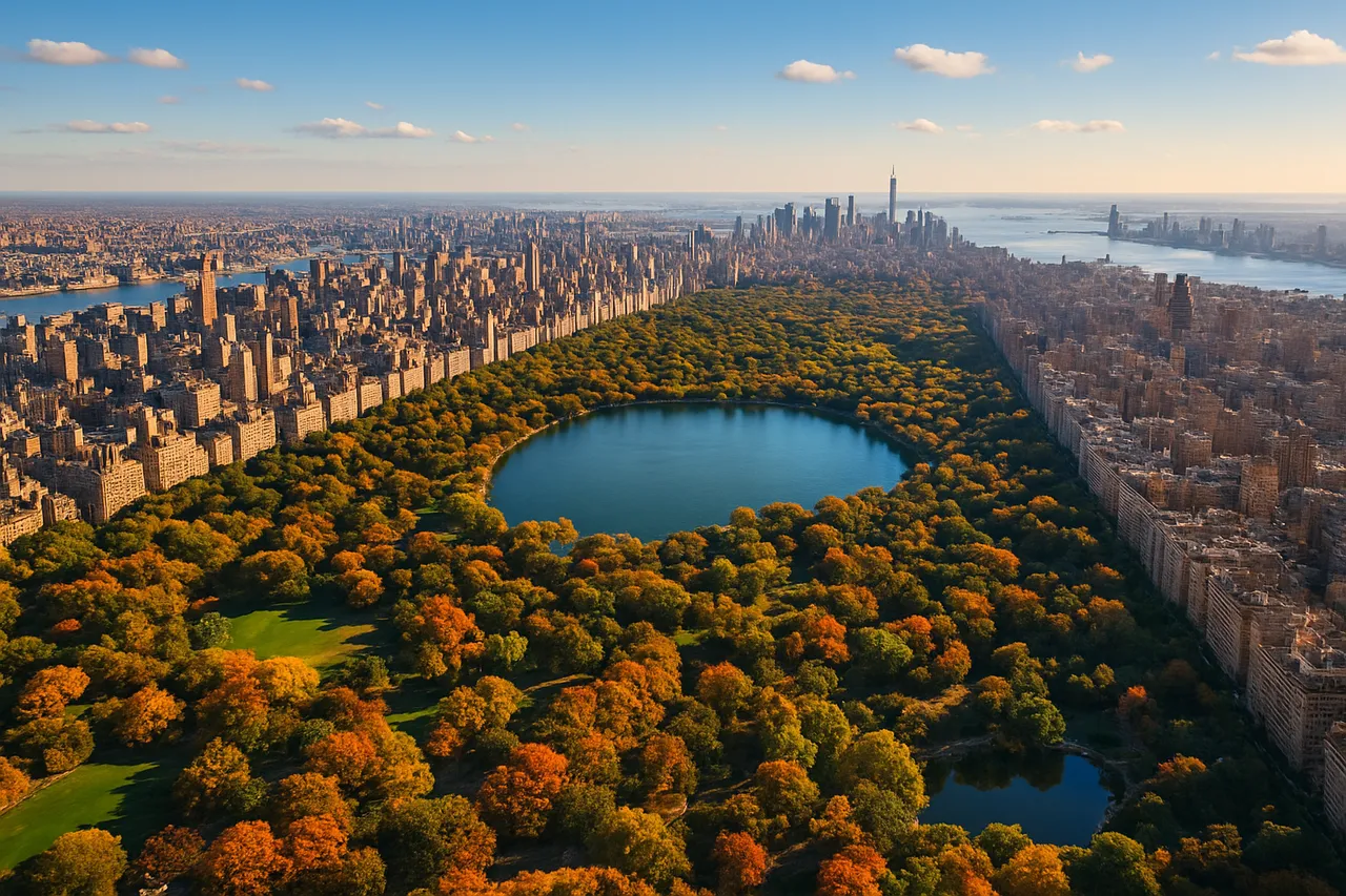 Aerial view of Central Park in New York City with autumn-colored trees surrounding the Jacqueline Kennedy Onassis Reservoir, framed by the Manhattan skyline