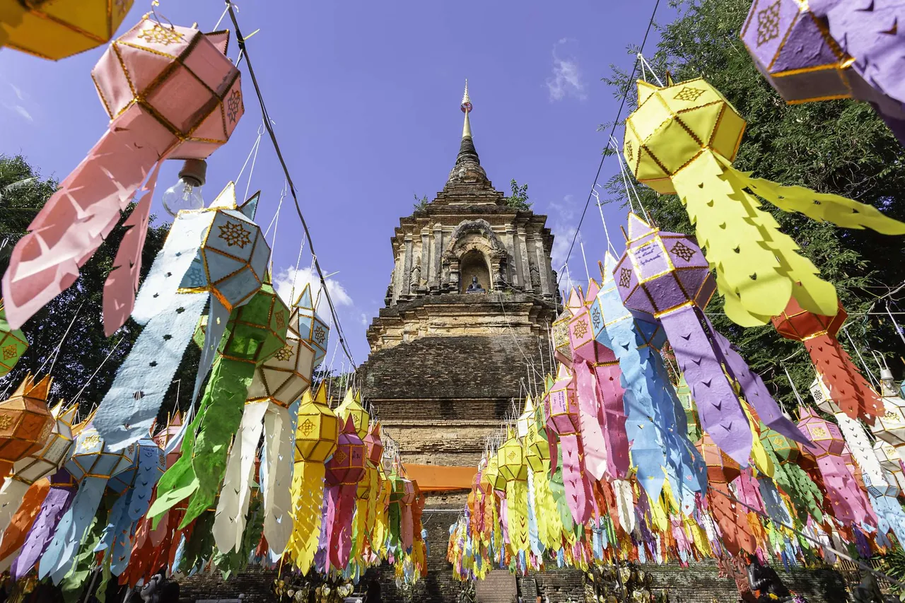 Colorful Lamp Festival and Lantern in Loi Krathong at Wat Lok Moli is a beautiful old temple in Chiang Mai, Chiag Mai Province, Thailand