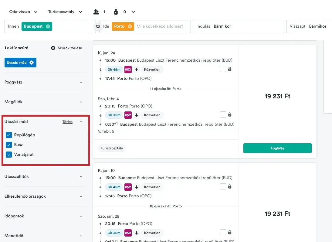 Kiwi.com keresési eredmények oldala multimodális utazási szűrő bekapcsolva és kiemelve