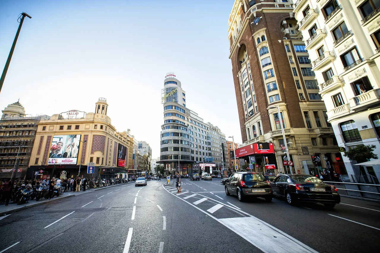 Looking down Gran Vía from middle of road with iconic Schweppes building ahead — Shutterstock