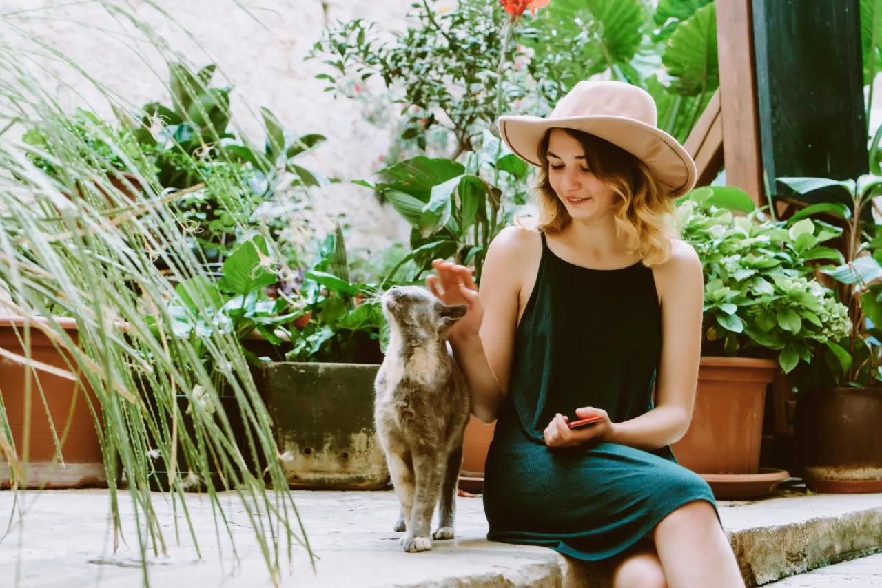 Woman pets her gray cat sitting in patio in Dubrovnik, Croatia