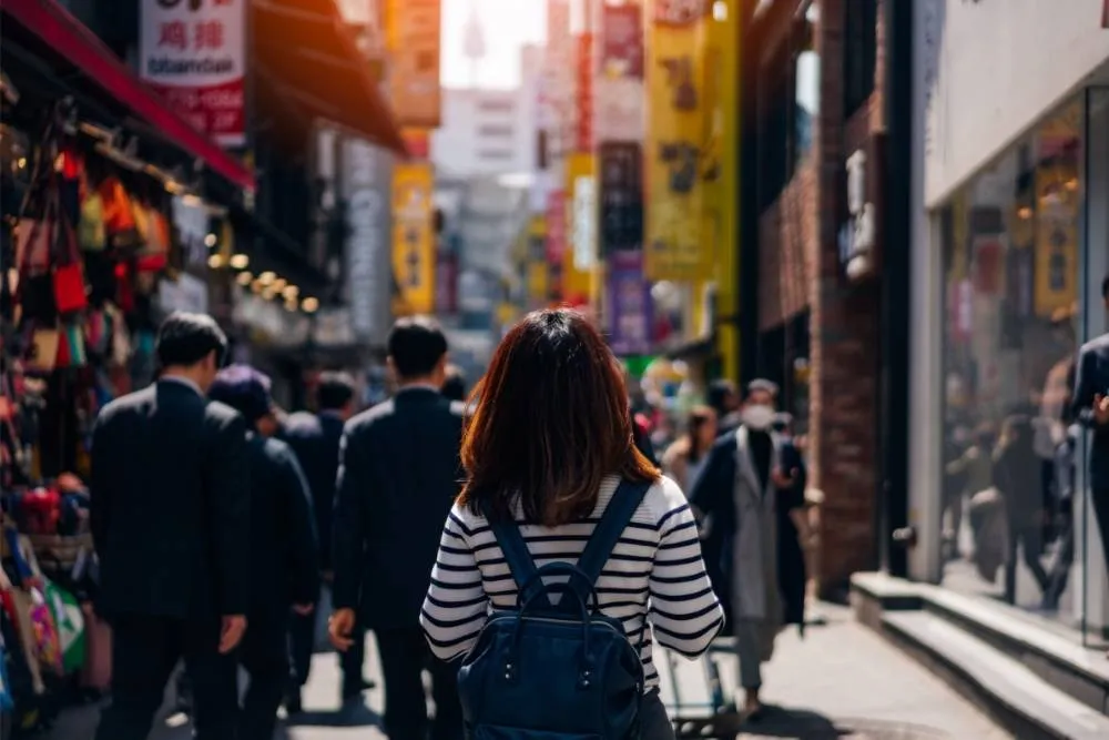Woman walking down a busy shopping street in Seoul — Shutterstock