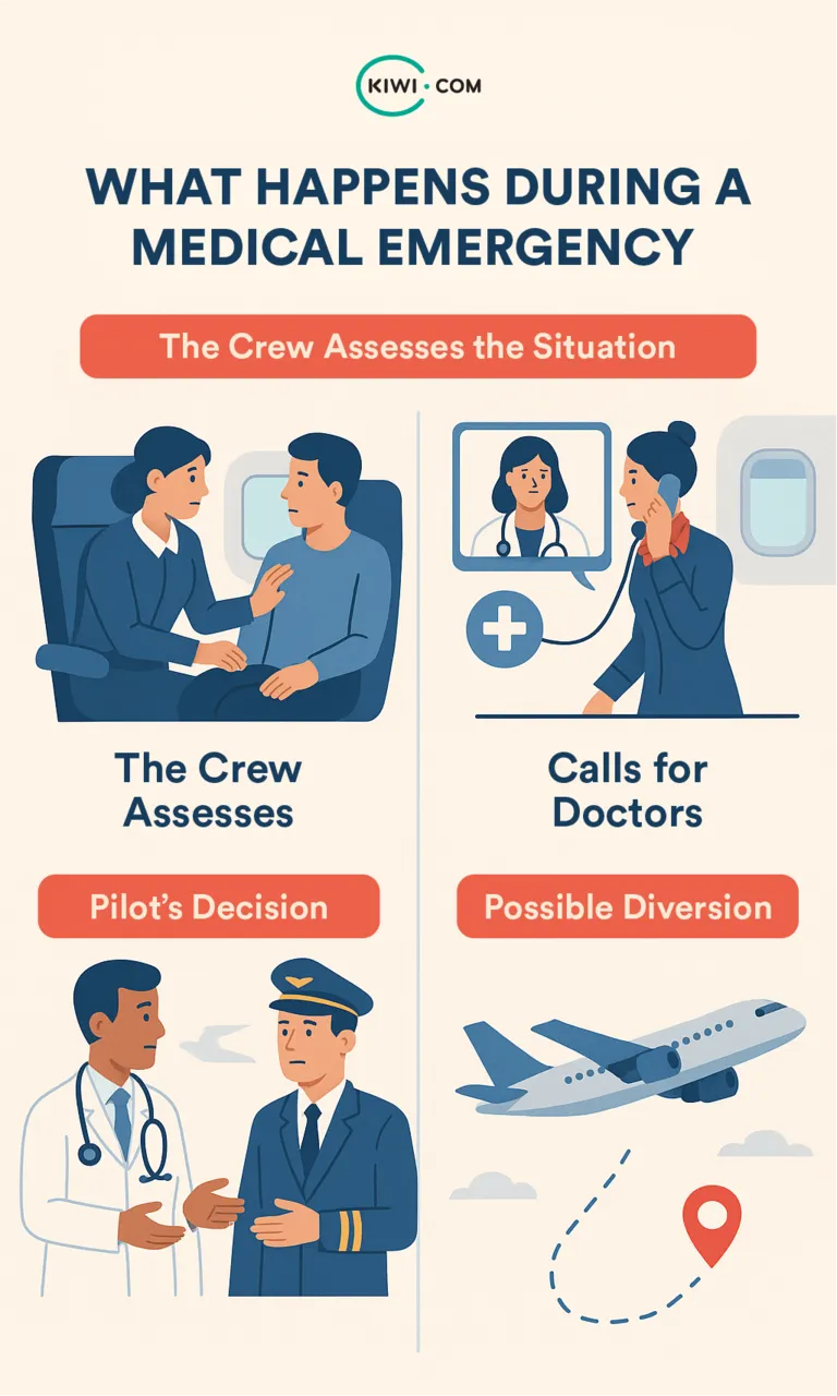 Infographic titled “What Happens During a Medical Emergency” showing four illustrated steps: a flight attendant assisting a passenger, a crew member calling a doctor, a pilot consulting with a medical professional, and an airplane diverting to another location.