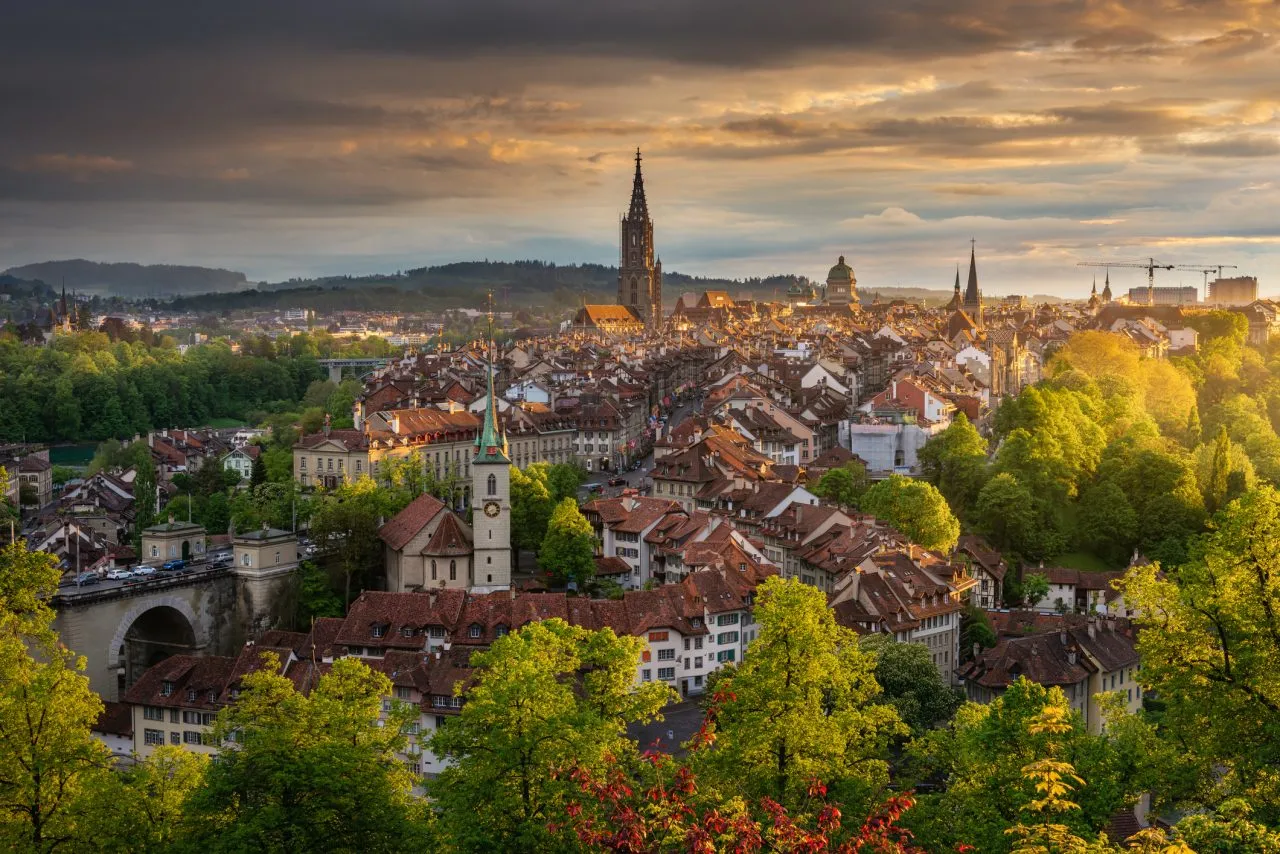 Cityscape With Golden Light Sunset in Bern, Capital of Switzerland