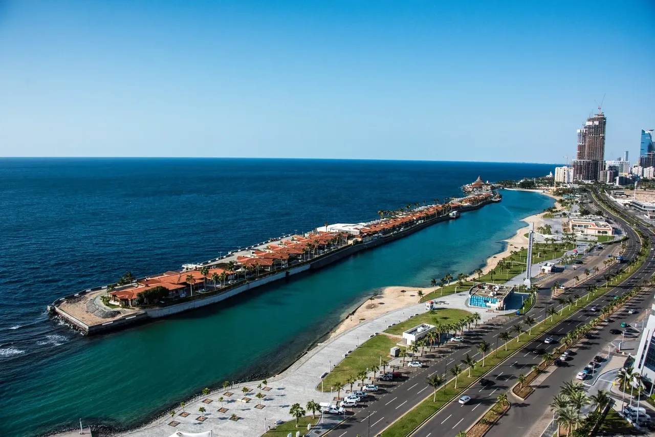 Panoramic view of the waterfront and State Park on the Red Sea in the North Corniche area of Jeddah, in Mecca province, Saudi Arabia.