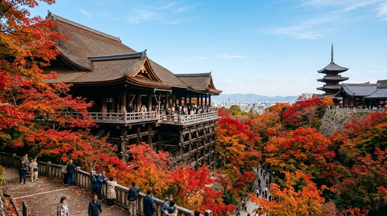 Kyoto’s Kiyomizu-dera temple in November with brilliant red autumn maple foliage