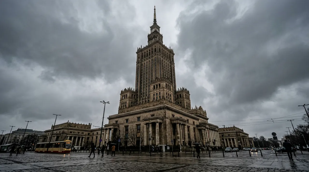 The Palace of Culture and Science in Warsaw, a Stalin-era Art Deco tower against a grey overcast sky
