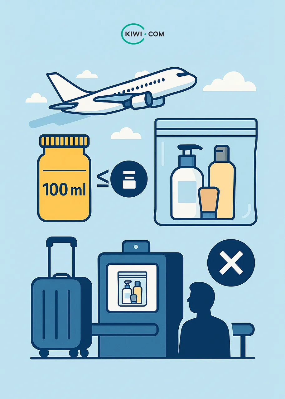 Illustration showing airport liquid restrictions: airplane icon, 100 ml bottle limit, liquids in a clear resealable bag, luggage going through security scanner, and a warning sign