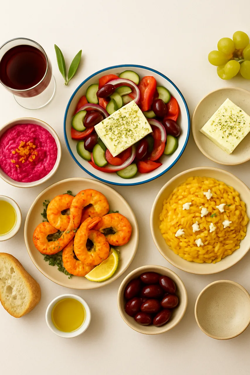 A flat lay of Mediterranean dishes including Greek salad with feta cheese, shrimp with lemon, orzo pasta with cheese, olives, bread, olive oil, a dip, grapes, and a glass of red wine.