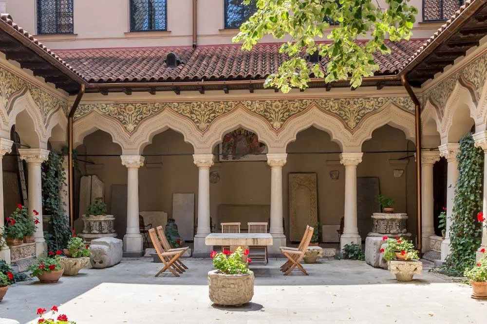 courtyard of Stavropoleos church in the city center of Bucharest