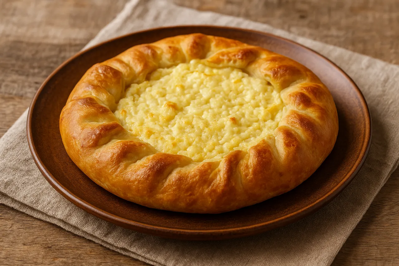Traditional Moldovan plăcintă pastry with a golden, flaky crust served on a rustic ceramic plate