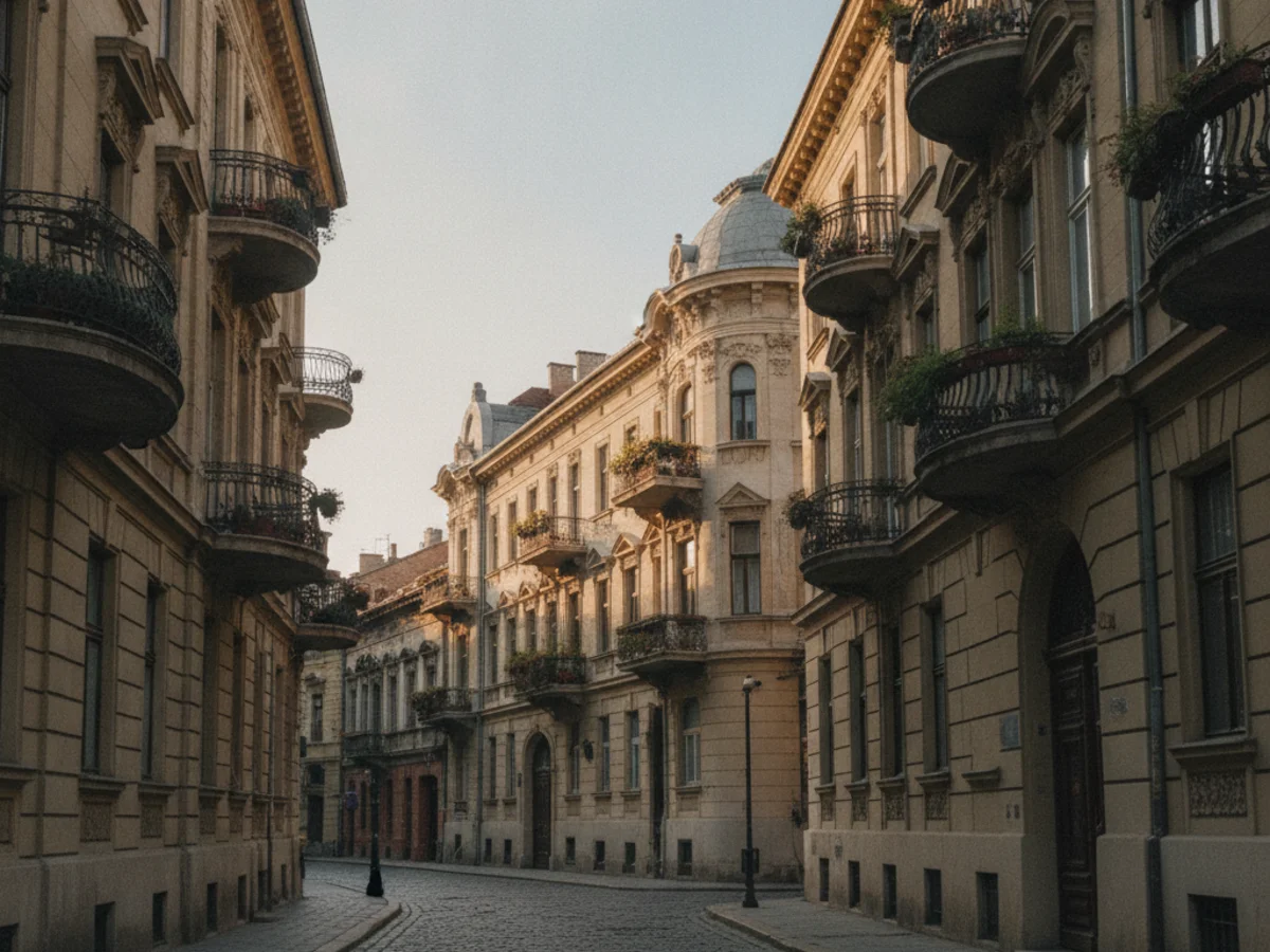 A quiet Bucharest street lined with ornate Belle Epoque buildings in warm afternoon light