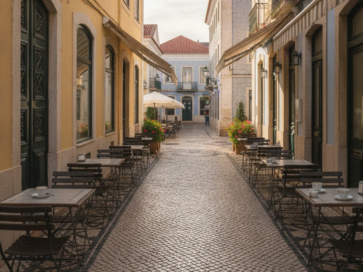 A lively pedestrian street in downtown Faro with cafés, patterned Portuguese pavement and pastel storefronts in the afternoon sun