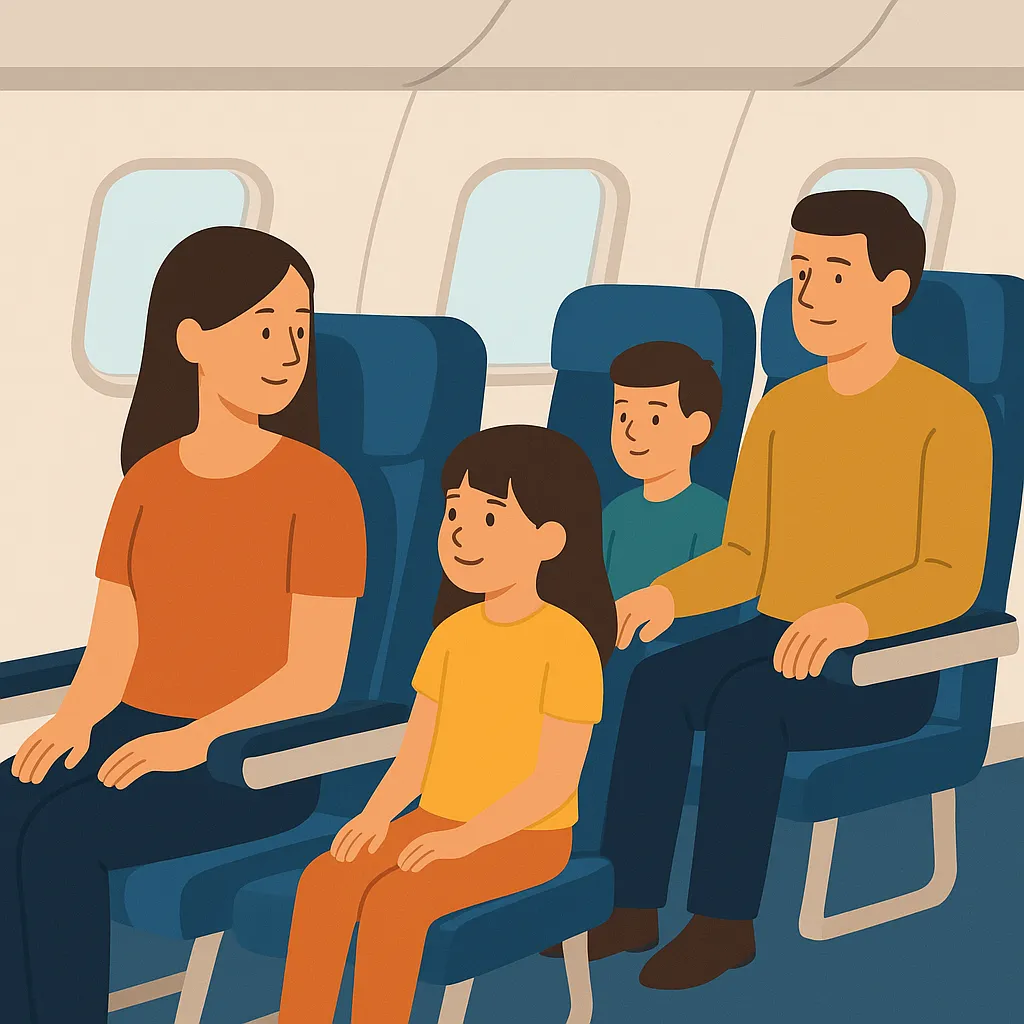 Illustration of a family of four sitting together inside an airplane, arranged across two rows of blue seats with soft daylight shining through the cabin windows.