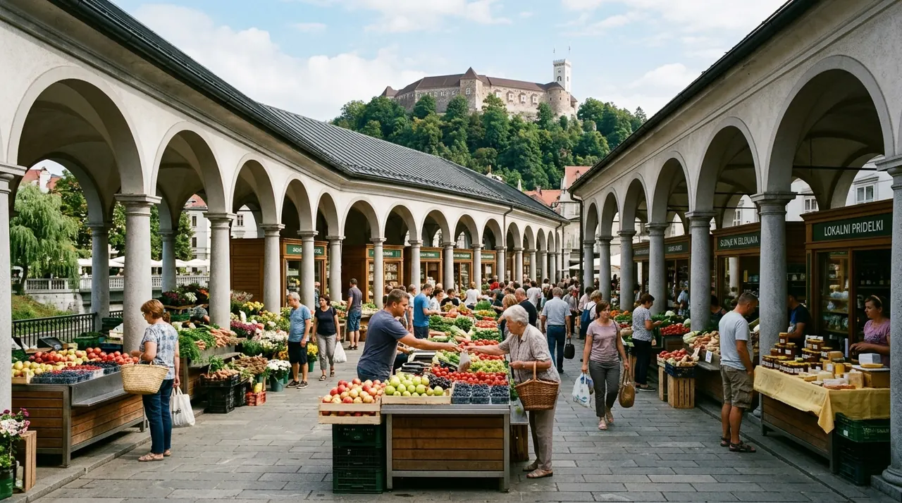 The Ljubljana Central Market colonnade designed by Plečnik, with fresh produce stalls and the castle on the hill above