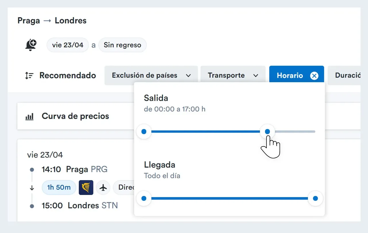En Kiwi.com puedes especificar a qué hora del día quieres viajar, lo que te permite encontrar las mejores ofertas