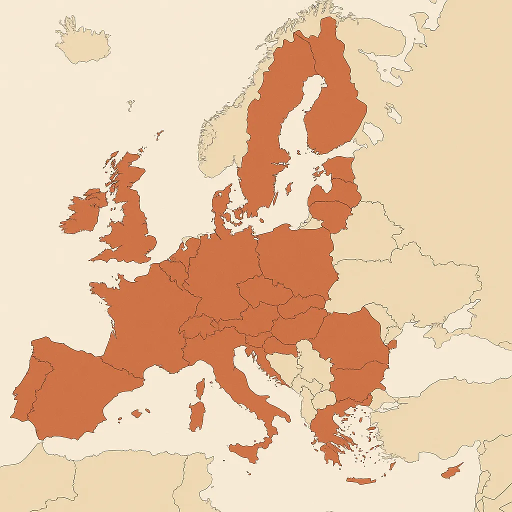 Map of Europe highlighting Schengen Area countries in terracotta, showing member states where border controls have been abolished, with surrounding non-Schengen countries shaded in beige.