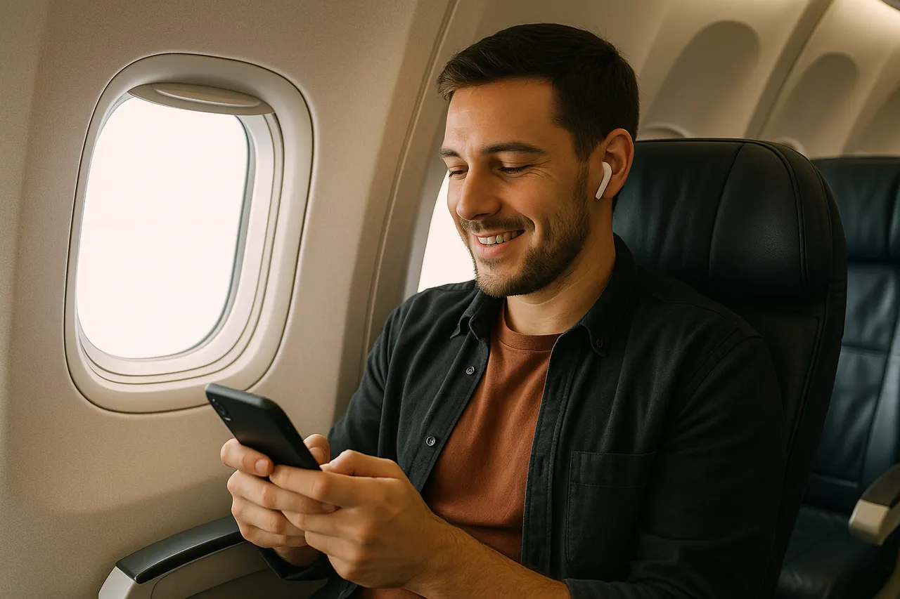 A young airplane passenger sits by the window smiling while using his smartphone, wearing wireless earbuds in a modern aircraft cabin.