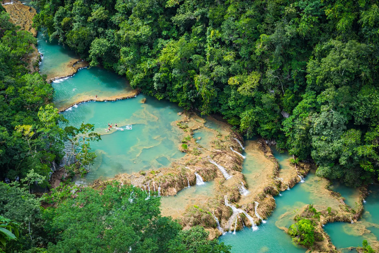 Aerial view of Semuc Champey. A series of natural ponds and small cascades that form from the birth of Rio Cahabon.